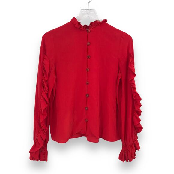 Alexis Rocio Blouse S Silk High Neck Ruffle Long Sleeve Button Front Flared Cuff - Picture 1 of 7